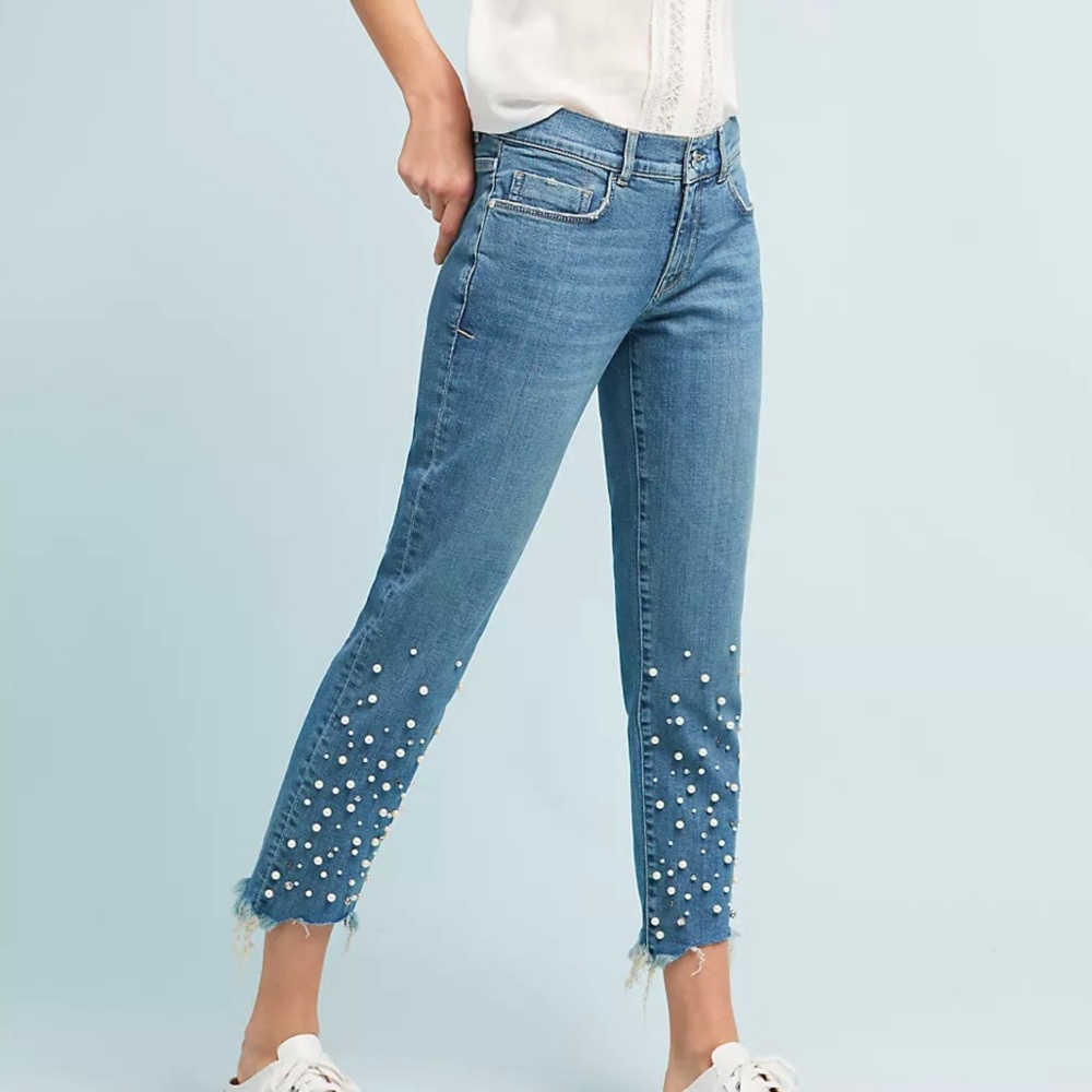 Pilcro and the Letterpress Blue Cropped Jeans with Pearl Embellishments